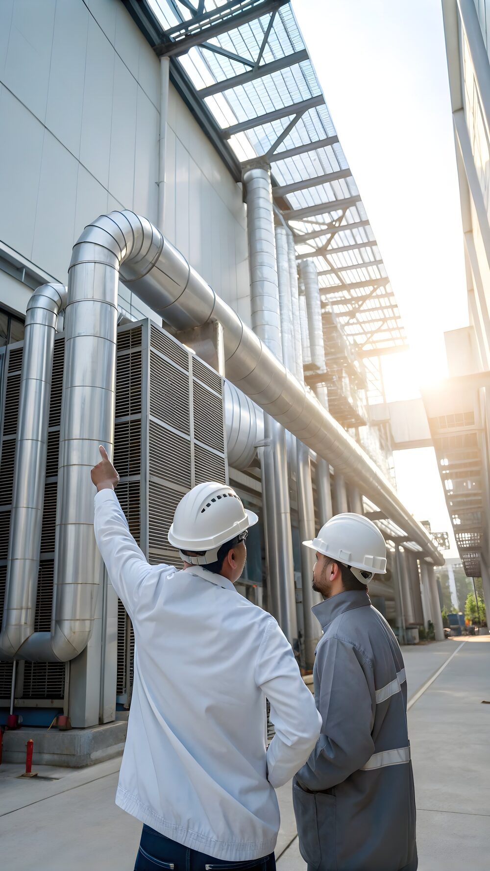 Zwei Techniker von Sub Zero prüfen eine Rückkühlanlage auf dem Dach einer Industrieanlage